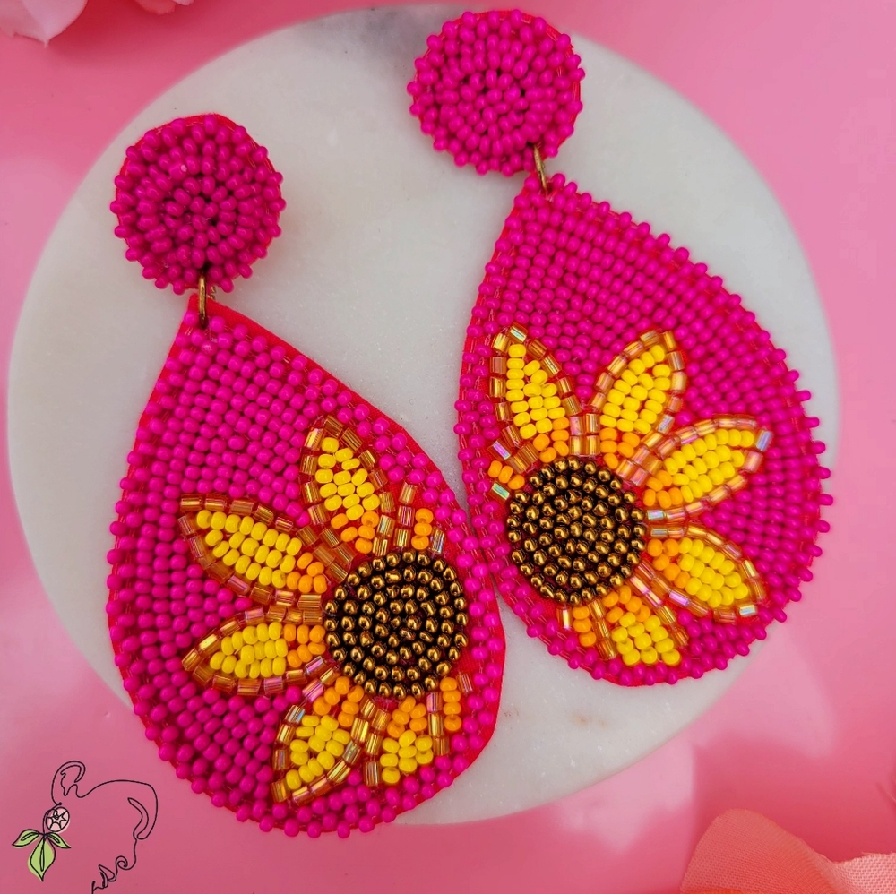 BEADED SUNFLOWER HOT PINK EARRINGS